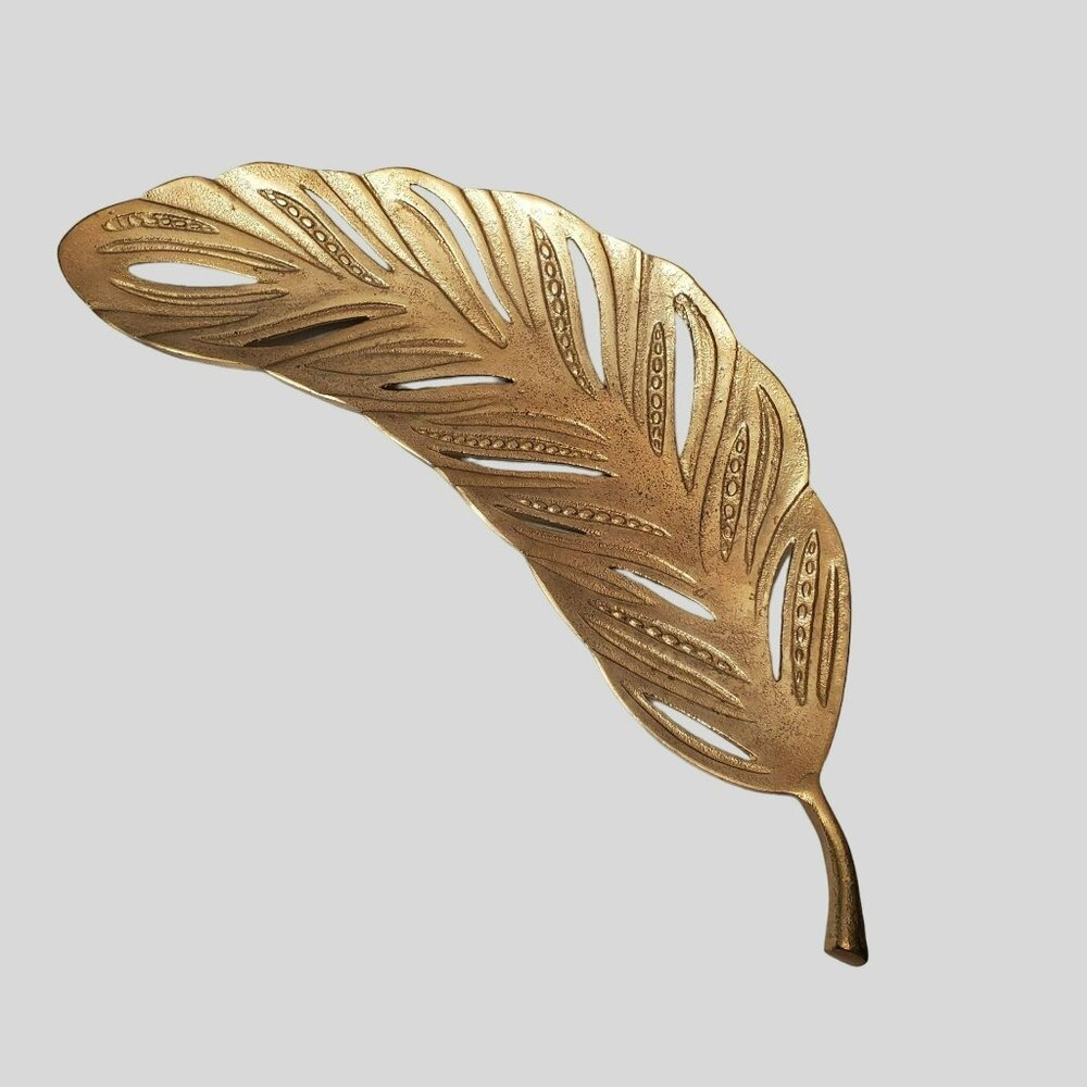 Brass Tone Metal Leaf Shaped Decorative Tray, Gold Tone Centerpiece Dish Platter